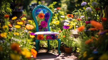 Wall Mural - Bright green chair placed in an outdoor garden surrounded by a variety of colorful blooming flowers creating a serene and peaceful natural setting