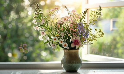Wall Mural - sunlit vase with colorful wildflowers by window