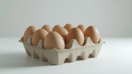 Wall Mural - Ten brown eggs in a cardboard carton on a white background.