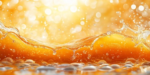 Sticker - Orange liquid splash, bokeh background, refreshment