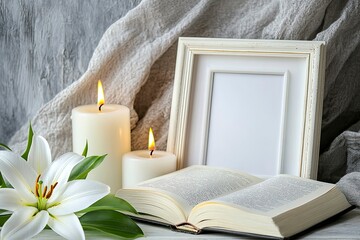 Wall Mural - Composition with photo frame, candles, opened book and lily on light background 