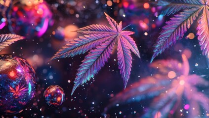 Poster - Psychedelic cannabis leaves and glowing orbs.