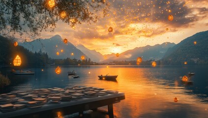 Wall Mural - magical sunset over calm lake with floating lanterns.