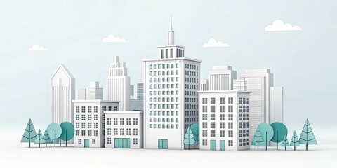 cute office building with city scape, 3d rendering illustration background