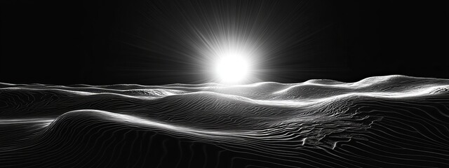 Wall Mural - monochrome landscape with sun rays over rolling hills.