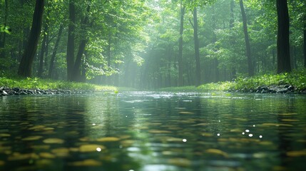 Wall Mural - Misty forest stream, light rays, tranquil nature scene, peaceful setting.