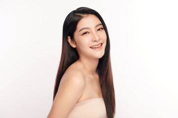 Beautiful young asian woman with clean fresh skin on white background, Face care, Facial treatment, Cosmetology, beauty and spa, Asian women portrait.