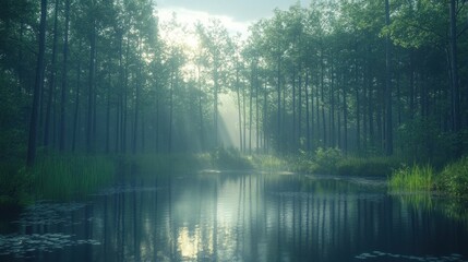 Wall Mural - Misty sunrise over tranquil forest pond reflecting trees.