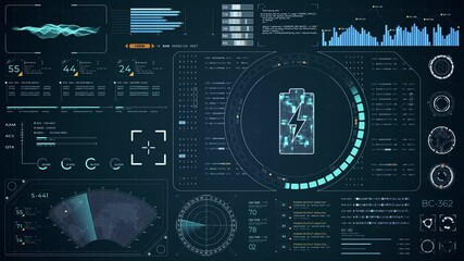 Wall Mural - Motion graphic of Blue digital battery logo with head up display (HUD UI) panel and futuristic technology abstract background  power reserve video concepts