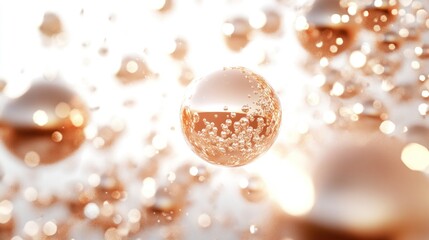 Abstract background with shiny golden spheres and bokeh lights.
