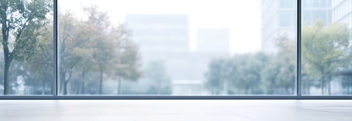 Fototapete - Empty room with large window overlooking city trees and buildings.