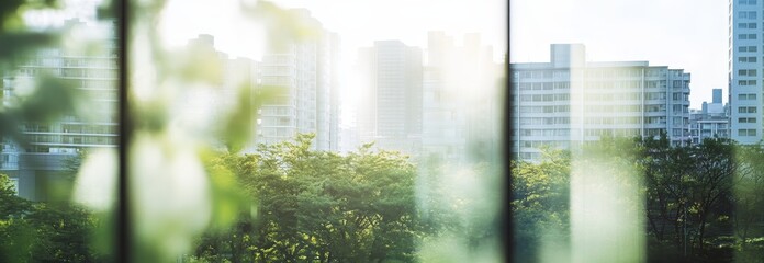 Wall Mural - sunlit city view through window with green foliage.