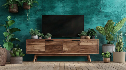 Fototapete - Wooden cabinet with plants and potted greenery against an emerald green wall. A sleek TV is placed on the cabinet, complemented by a light wood parquet floor. This high-resolution composition highligh