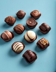 Wall Mural - An assortment of various chocolate pralines on a light blue background