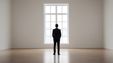 Wall Mural - A solitary figure in a suit stands in an empty room, gazing out a large window, reflecting themes of contemplation and solitude.