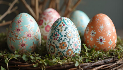 Artistic display of hand painted Easter eggs in decorative nest