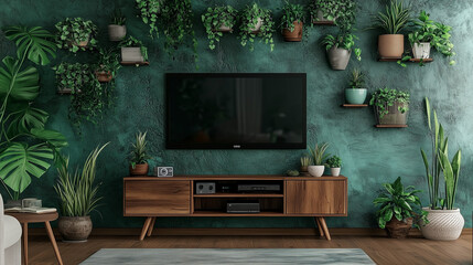 Fototapete - Wooden cabinet with plants and potted greenery against an emerald green wall. A sleek TV is placed on the cabinet, complemented by a light wood parquet floor. This high-resolution composition highligh