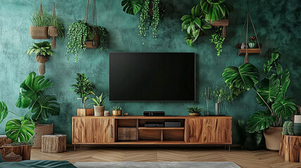 Fototapete - Wooden cabinet with plants and potted greenery against an emerald green wall. A sleek TV is placed on the cabinet, complemented by a light wood parquet floor. This high-resolution composition highligh