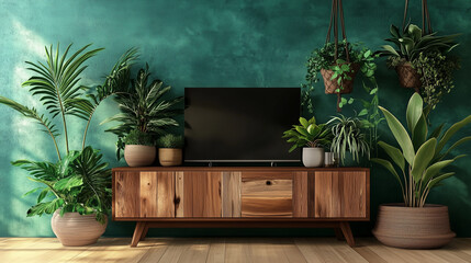 Fototapete - Wooden cabinet with plants and potted greenery against an emerald green wall. A sleek TV is placed on the cabinet, complemented by a light wood parquet floor. This high-resolution composition highligh