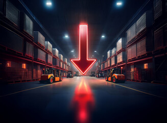 Aufkleber - A glowing red arrow points down in a dimly lit warehouse, flanked by forklifts and towering shelves filled with goods.  The scene suggests decline or reduction in inventory or economic activity.