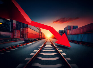 Poster - A dramatic image depicting a large red arrow pointing downwards, set against a backdrop of cargo containers on a railway line during a vibrant sunset. This symbolizes a decline in global trade and eco