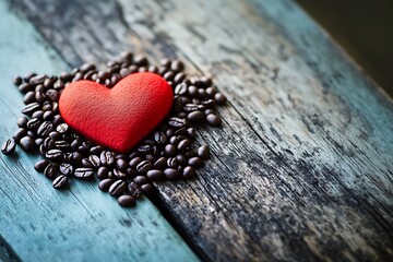 Close-up of a red heart formed by coffee beans on a weathered caf?(C) table, capturing the essence of coffee love.