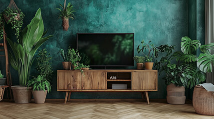Fototapete - Wooden cabinet with plants and potted greenery against an emerald green wall. A sleek TV is placed on the cabinet, complemented by a light wood parquet floor. This high-resolution composition highligh