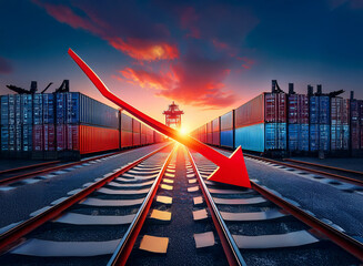 Poster - A large red arrow points downwards across railroad tracks leading to container stacks at sunset, symbolizing economic decline in global trade and shipping.