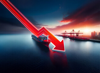 Poster - A container ship sails into a dramatic sunset, a large red arrow plunges downwards, symbolizing a decline in global trade and shipping.