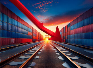 Poster - A large red arrow descends, symbolizing a decline in global trade, amidst rows of shipping containers at sunset.  The railway tracks recede towards a setting sun.
