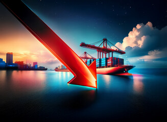 Poster - A large cargo ship at sunset with a prominent red arrow pointing downwards, symbolizing a decline in global trade or shipping.  The image suggests economic downturn and uncertainty in the maritime ind