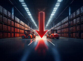 Poster - A large red arrow points down between two forklifts in a dark warehouse, signifying a decrease in inventory or productivity.