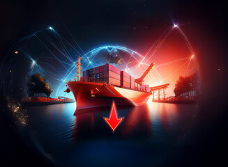 Poster - A large container ship is shown sailing into a harbor, encircled by a glowing globe and intricate network lines. A red arrow points downward, symbolizing global trade and economic activity.