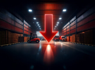 Poster - A neon red arrow points down in a dimly lit warehouse, surrounded by shipping containers, forklifts, and trucks, symbolizing a decline in logistics or inventory.