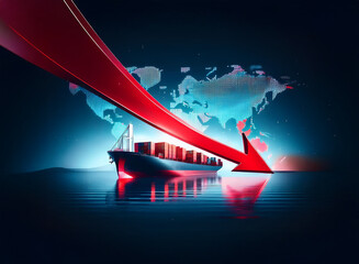 Poster - A large cargo ship sails on dark water, a dramatic red arrow plunging downwards, superimposed over a glowing world map, symbolizing global economic downturn.