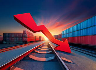Poster - A large red arrow descends over railroad tracks lined with cargo containers, symbolizing a decline in global trade and economic downturn at sunset.