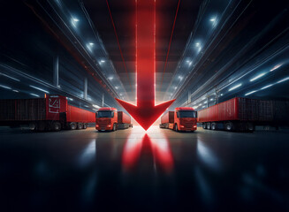 Poster - A large red arrow descends upon a row of semi-trucks in a warehouse, signifying a decline in shipping or transportation.  The scene is dramatically lit, emphasizing the downward trend.