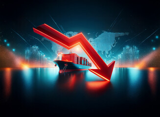 Poster - A cargo ship sits on dark water, a large red downward-trending arrow looms, suggesting global trade decline and economic downturn.  The background depicts a digital world map, highlighting internation