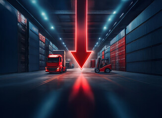 Poster - A large red arrow points down in a warehouse, highlighting a decrease in cargo and logistics. Trucks and forklifts are present, emphasizing the decline in activity within the facility.