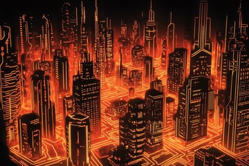 Poster - Futuristic city ablaze, circuit board design.