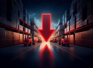 Poster - Night scene.  A large red arrow points down between two rows of forklifts in a warehouse,  suggesting a decline in inventory or supply chain issues.