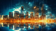 © photolas - Vibrant city skyline at dusk with futuristic digital effects reflecting on water surface