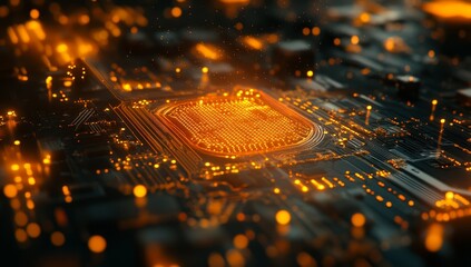 Poster - Glowing CPU on circuit board, close-up.