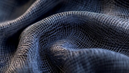Close-up of textured blue fabric with draped folds and woven pattern.