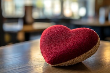 Wall Mural - Close-up of a red heart-shaped pad made of recycled materials, placed on a caf?(C) table to promote sustainability in love.