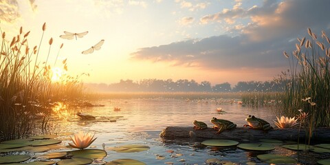 Wall Mural - Sunset lake frogs lily pads calm nature scene