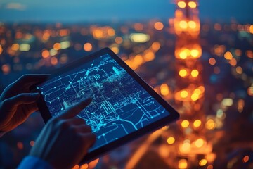 Fototapete - Person using tablet displaying city map at night.