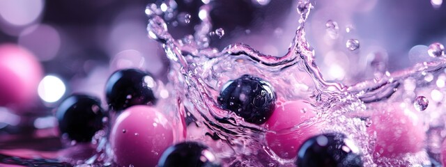 Poster - Pink and purple berries splashing in water.