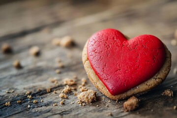 Wall Mural - Detailed capture of a red heart-shaped cookie on a rustic caf?(C) table, with crumbs around it to highlight a sweet snack.