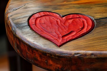 Wall Mural - Close-up of a red heart carved into the caf?(C) tablea??s edge, focusing on the hand-carved details and the texture of the wood.